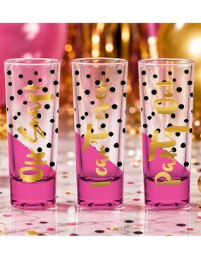Oh Snap, I Can't Even, Party On - Set of 3 Gold & Pink Fun Shot Glasses
